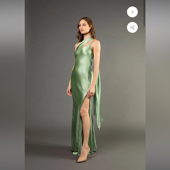 Michelle Mason One Shoulder Gown in Sage - Picture 3 of 6